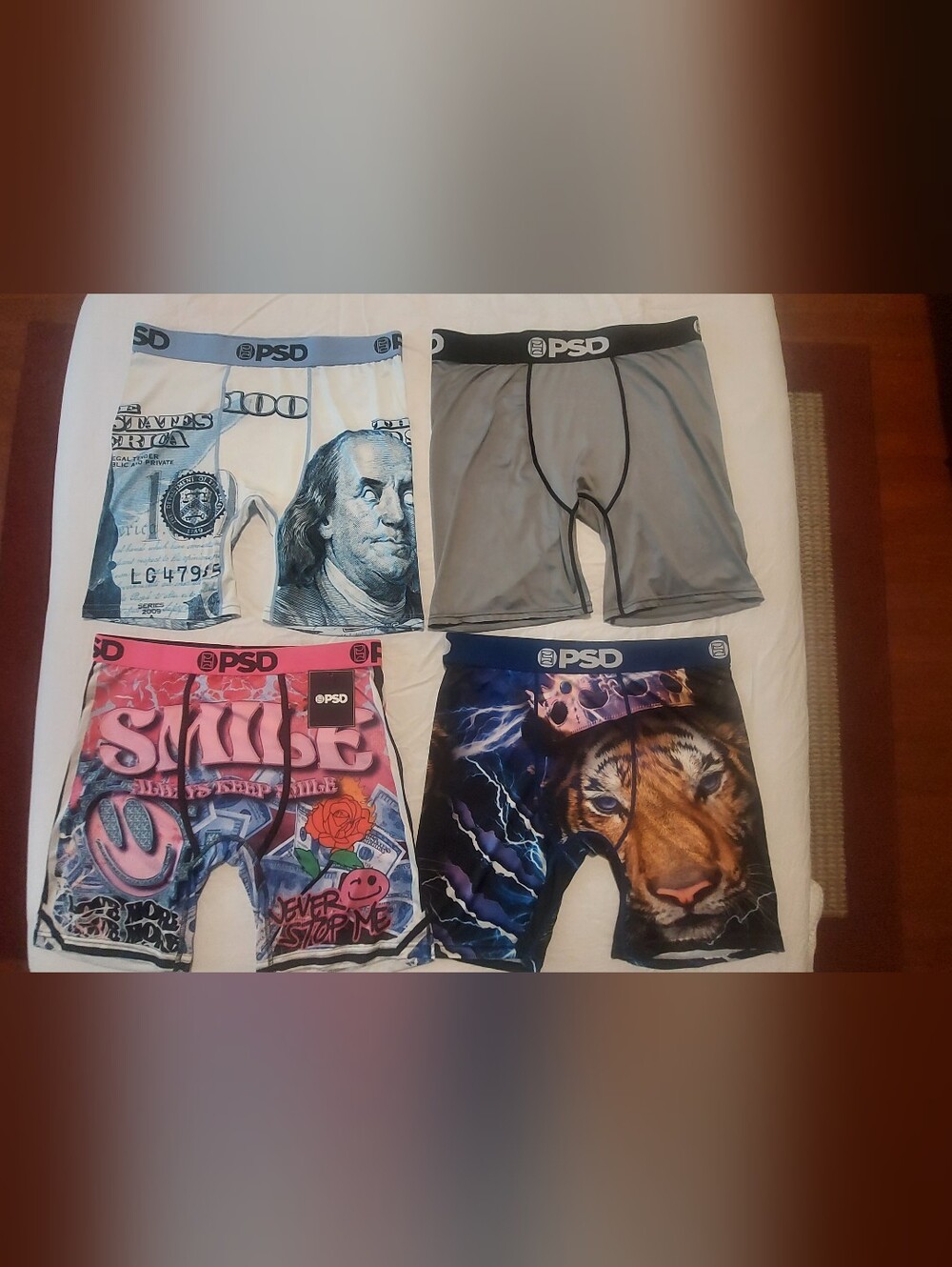 PSD Boxer Briefs 4-Pack - Money, Grey, Pink Graffiti, Tiger